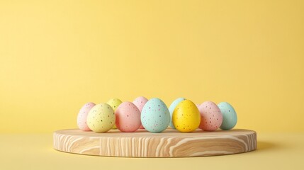 Wall Mural - Colorful Easter Eggs on Round Wooden Plate Against Yellow Background