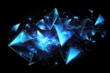 Abstract background with a blue, glowing, low-poly polygonal network connection and triangle shapes on a dark background, representing technology, science or digital concept design