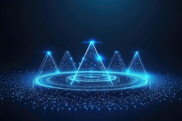 Abstract background with a blue, glowing, low-poly polygonal network connection and triangle shapes on a dark background, representing technology, science or digital concept design