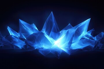 Abstract background with a blue, glowing, low-poly polygonal network connection and triangle shapes on a dark background, representing technology, science or digital concept design