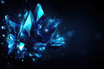 Abstract background with a blue, glowing, low-poly polygonal network connection and triangle shapes on a dark background, representing technology, science or digital concept design