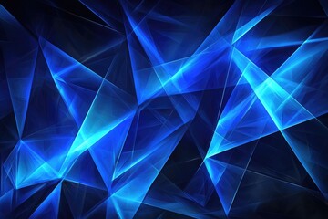 Abstract background with a blue, glowing, low-poly polygonal network connection and triangle shapes on a dark background, representing technology, science or digital concept design
