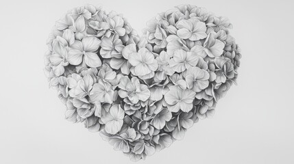 Wall Mural - a pencil-drawn heart filled with hydrangeas and roses, blending delicate floral artistry with realis