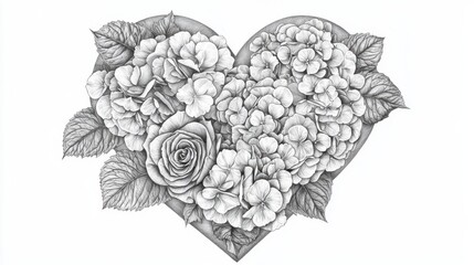 Wall Mural - a pencil-drawn heart filled with hydrangeas and roses, blending delicate floral artistry with realis