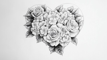 Wall Mural - a pencil-drawn heart filled with hydrangeas and roses, blending delicate floral artistry with realis