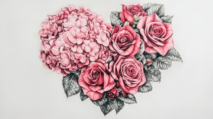 Wall Mural - a realistic pencil sketch of pink hydrangeas and red roses intricately arranged in a heart shape, wi
