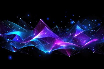 Abstract background with a blue, glowing, low-poly polygonal network connection and triangle shapes on a dark background, representing technology, science or digital concept design