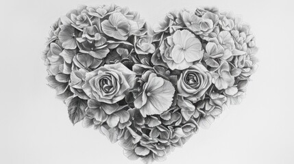 Wall Mural - a romantic pencil sketch of a heart formed by hydrangeas and roses, each petal carefully shaded for 