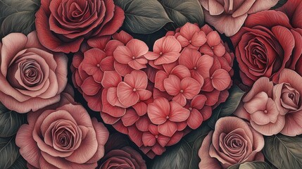 Wall Mural - a romantic pencil sketch of pink hydrangeas and red roses forming a heart, with intricate floral det