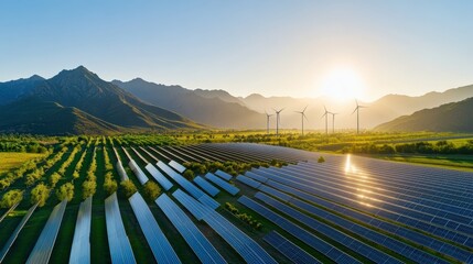 Harnessing solar energy a serene landscape solar panel installation mountainous region aerial view renewable energy