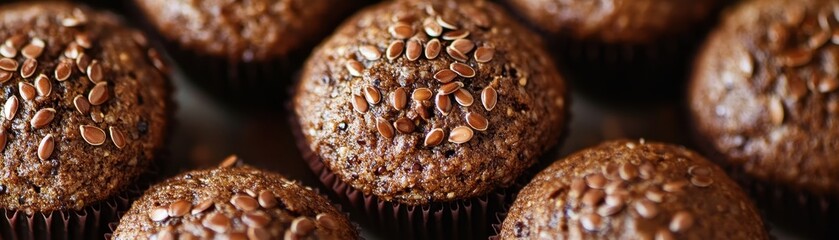 Wall Mural - Freshly baked chocolate muffins with flax seeds topping