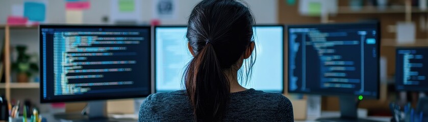 Software developer working on code in a multi-monitor setup
