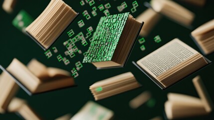 Digital transformation Books floating in green code