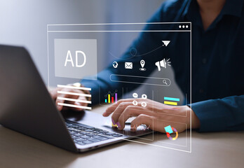Young Energetic Businessman Using Laptop to Advertise on Website, Preparing Advertising Marketing Plan to Target Native Ads on Social Media, Advertisers and Sales.