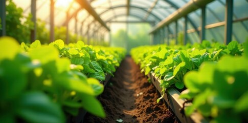 Sticker - Golden Hour Greenhouse Rows of Vibrant Green Seedlings Basking in the Warmth of the Setting Sun