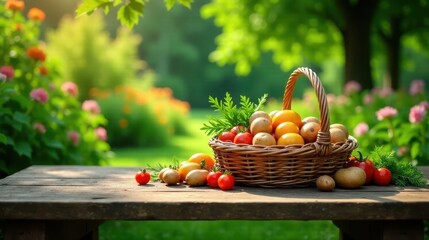 Sticker - Sunlit Garden Bounty A Rustic Basket Overflowing with Ripe Tomatoes and Golden Potatoes on a Wooden Table