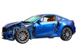 © Supanun - Damaged Blue Car:  A blue coupe car with a crumpled front end, dented doors, and a shattered window. The car is viewed in a three-quarter perspective, showcasing the extent of the damage.
