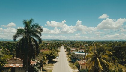 Sticker - A road under blue sky passing between houses and trees for travel inspiration