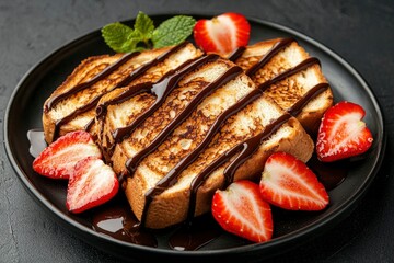 Wall Mural - French toast with chocolate syrup and strawberries on black plate, food background