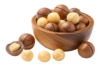 Wall Mural - macadamia nuts in wooden bowl isolated on transparent background png