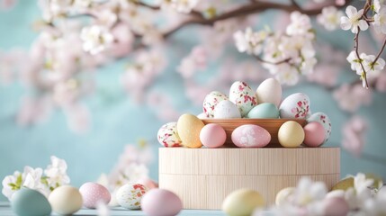 Wall Mural - Colorful Easter Eggs with Blossoming Flowers on Soft Background