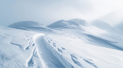 Poster - A vast, white snow covered mountain range stretches into the distance, with visible ski tracks curving across the powdery snow under a bright blue sky.