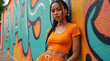 © Sachin - Woman in orange outfit poses by colorful graffiti wall. Urban style. Vibrant colors. Street fashion. Youthful expression. Modern style.