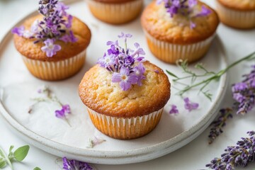 Wall Mural - Lavender cupcakes with floral decoration on a rustic plate