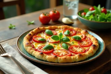 Wall Mural - Delicious Homemade Pizza with Fresh Tomatoes and Basil on Rustic Wooden Table