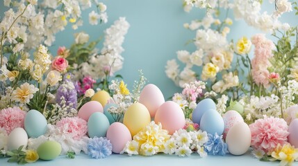 Wall Mural - Colorful Easter Eggs with Fresh Spring Flowers on Soft Blue Background