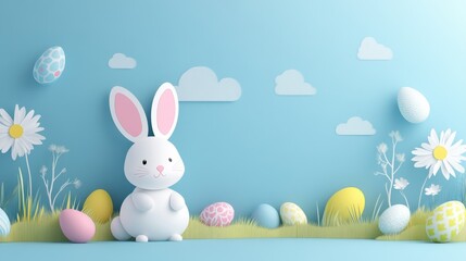 Wall Mural - Cute Easter Bunny with Colorful Eggs and Flowers on Blue Background