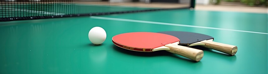 Two ping pong paddles and a ball on a table