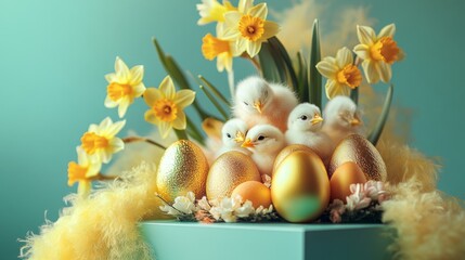 Wall Mural - Cute Chicks and Colorful Eggs in Spring Floral Arrangement