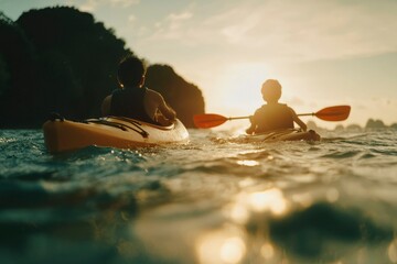 Sticker - Kayaking couple in ocean at sunset with island background for adventure travel