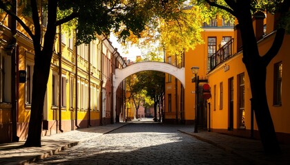 Wall Mural - Cobblestone street with old yellow buildings and autumn trees casting shadows for travel