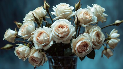 Poster - bouquet of pale cream roses in a glass vase with green backdrop showcasing delicate petals and soft 