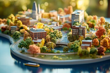 Wall Mural - Miniature city model with autumn trees & cathedral against green, for urban planning