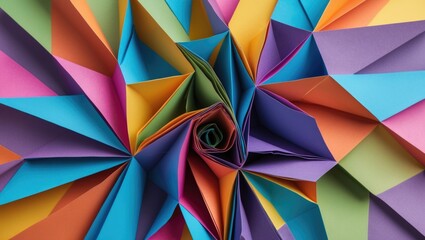 Canvas Print - colorful origami paper fan abstract background with intricate layering and shapes in vibrant hues of