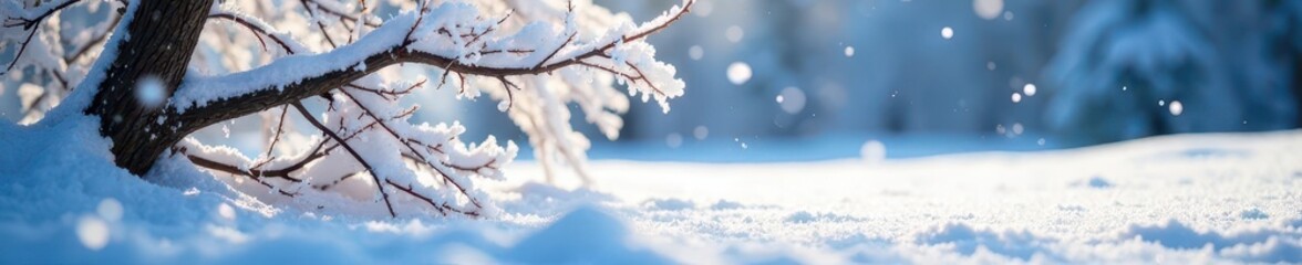 Poster - Falling snow blankets frosted branches and a snow-covered field ,  snowdrift,  texture