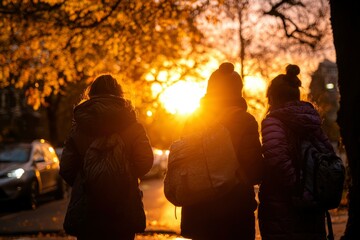 Poster - Silhouetted kids walking home at sunset on autumn street. Education, travel