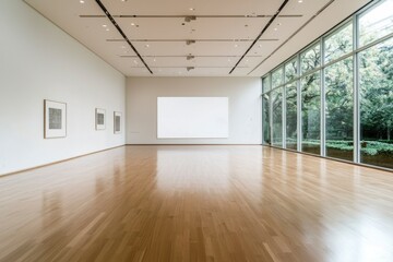 Sticker - Modern art gallery with large blank canvas, tree view outside. Potential exhibition