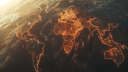 Wall Mural - Global network sunrise Earth map, glowing cities, international communication