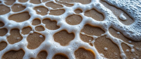 Wall Mural - close-up of foam bubbles on sandy beach surface with textures and patterns natural light copy space