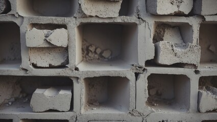 Wall Mural - Close-up view of textured concrete blocks showing cracks and imperfections with natural lighting and shadow details Copy Space