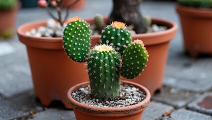 Canvas Print - cactus plant with multiple pads and blooming flowers in a terracotta pot with gravel on a stone surf
