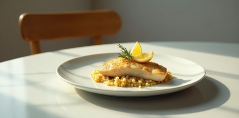 Wall Mural - Delectable Pan-Seared Fish Fillet Served on a Bed of Golden Couscous, Garnished with a Lemon Wedge and Fresh Herb Sprig on a White Plate