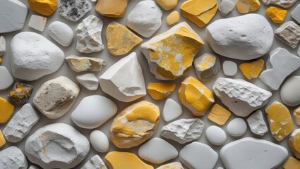 Canvas Print - textured background of assorted stones and pebbles in white and yellow colors arranged densely with 