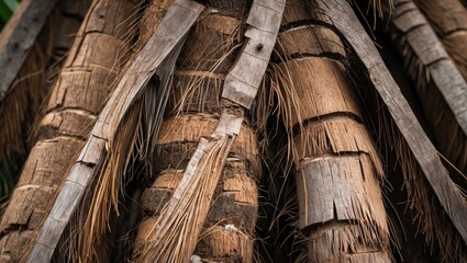 Close-up of textured palm tree trunk with dried fibers and wooden bark layers, natural organic background, Copy Space