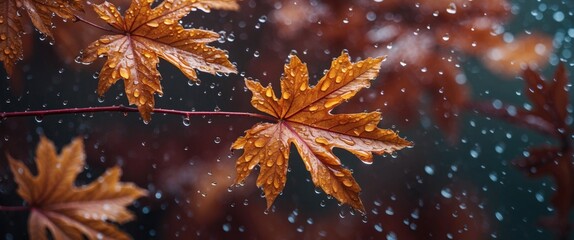 Wall Mural - autumn leaves with droplets of water on branches in a blurred background natural setting copy space
