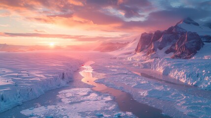 Poster - A stunning sunrise illuminates a vast glacier, casting vibrant colors on the icy surface and creating reflections in the calm waterway below. Towering peaks define the horizon.